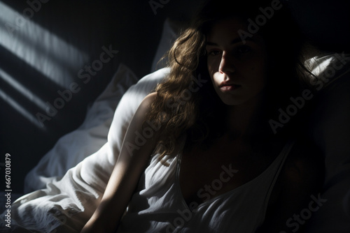 Sad girl in bed, backlit scene, Desaturated image