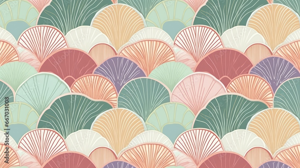 Scallop pattern with repeating scalloped shapes in pastel shades. AI generated