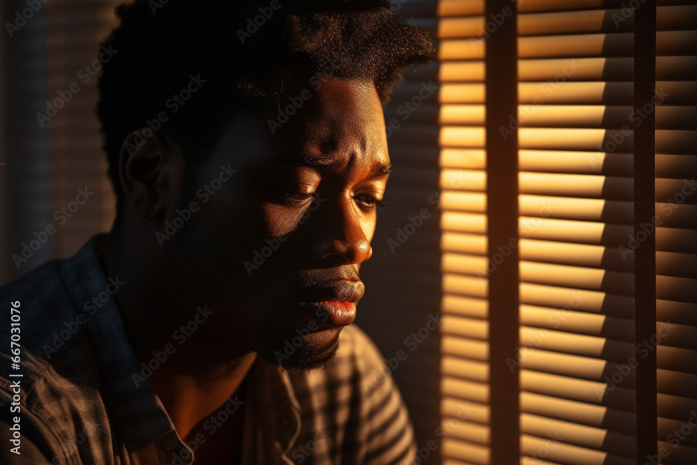 Sad, depression or black man burnout at window with mental health, headache or anxiety in house, Lonely, stress or depressed man thinking for financial problem, health compliance or finance policy Sad, depression or black man burnout at window with mental health, headache or anxiety in house, Lonely, stress or depressed man thinking for financial problem, health compliance or finance policy