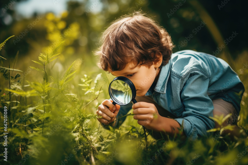 Curious child with a magnifying glass inspecting nature - Learning and education - obrazy, fototapety, plakaty 