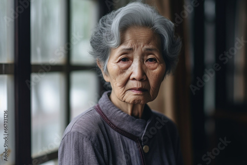 Sad asian chinese senior woman at home portrait