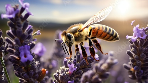  a bee that is sitting on a flower in a field.  generative ai © Anna