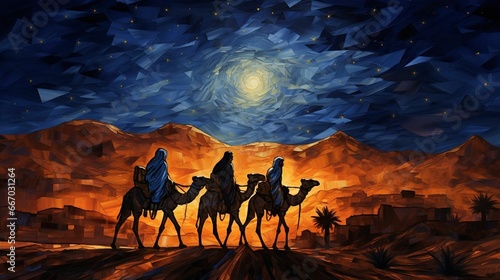 Three wisemen journey to Bethlehem at night, AI-generated.