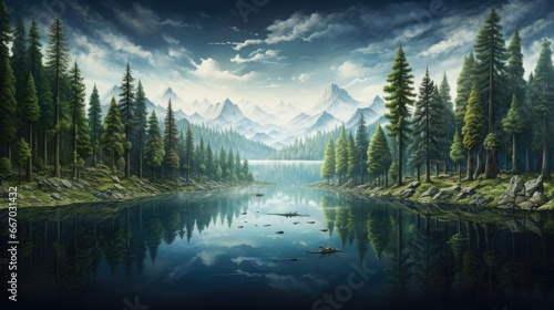  a painting of a lake surrounded by pine trees and mountains. generative ai
