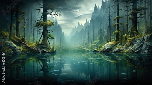  a painting of a forest with a lake in the foreground.  generative ai