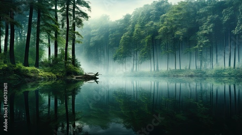  a lake surrounded by a forest filled with lots of trees. generative ai