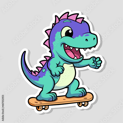 Cute dinosaur skate design vector illustration ready for print on t-shirt  stickers  design cards and etc. Cartoon dino skater child flat style character isolated on white background