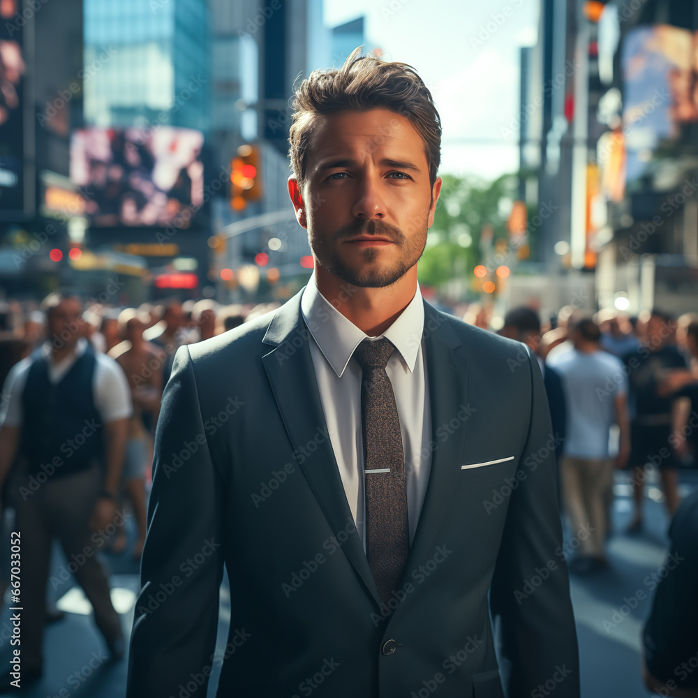 Handsome young man in a business suit is walking in the city. 