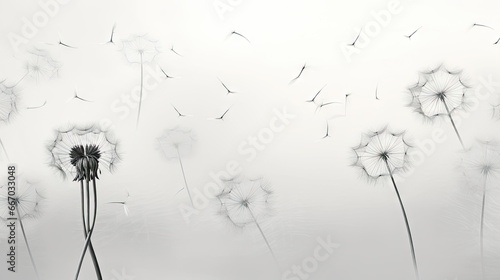  a black and white photo of a dandelion blowing in the wind.  generative ai