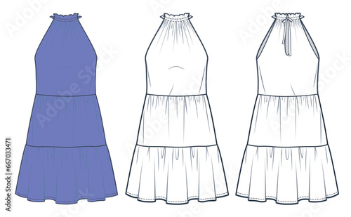 Halter Dress technical fashion illustration. Tiered Dress fashion flat technical drawing template, mini lengths, relaxed fit, front and back view, white, blue, women CAD mockup set.