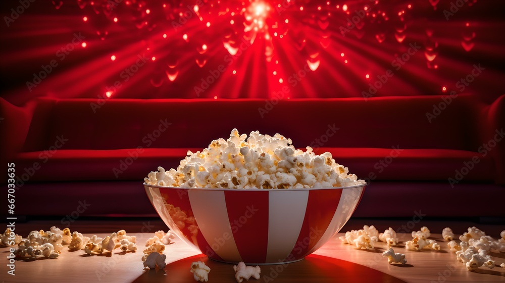 Kinofeeling zu Hause: Popcornschale vor großem Fernsehbildschirm - obrazy, fototapety, plakaty 