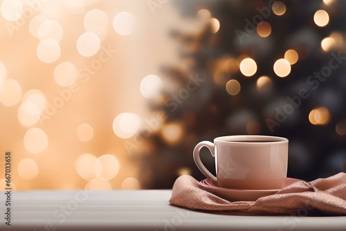 Weihnachtliche Behaglichkeit: Tasse Tee mit Dampf, Weihnachtsbaum und Kuscheldecke