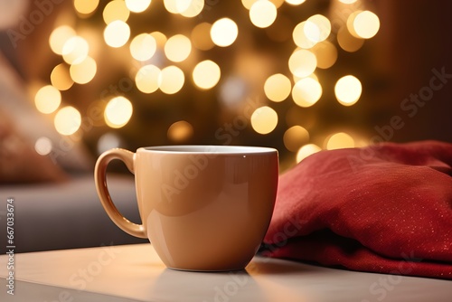 Festive Tea Bliss: Snuggled Person Enjoying Steaming Teacup by Christmas Tree