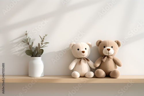 Cozy Teddy Bear Haven: Cute Bears in a Brightly Decorated Shelf photo