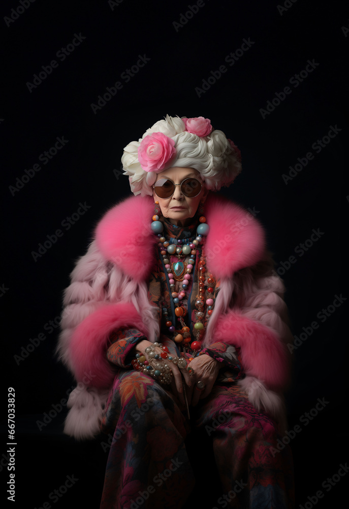 Granny in a bright rosical coat with floral necklaces in various colors with glasses and flowers in hair.
