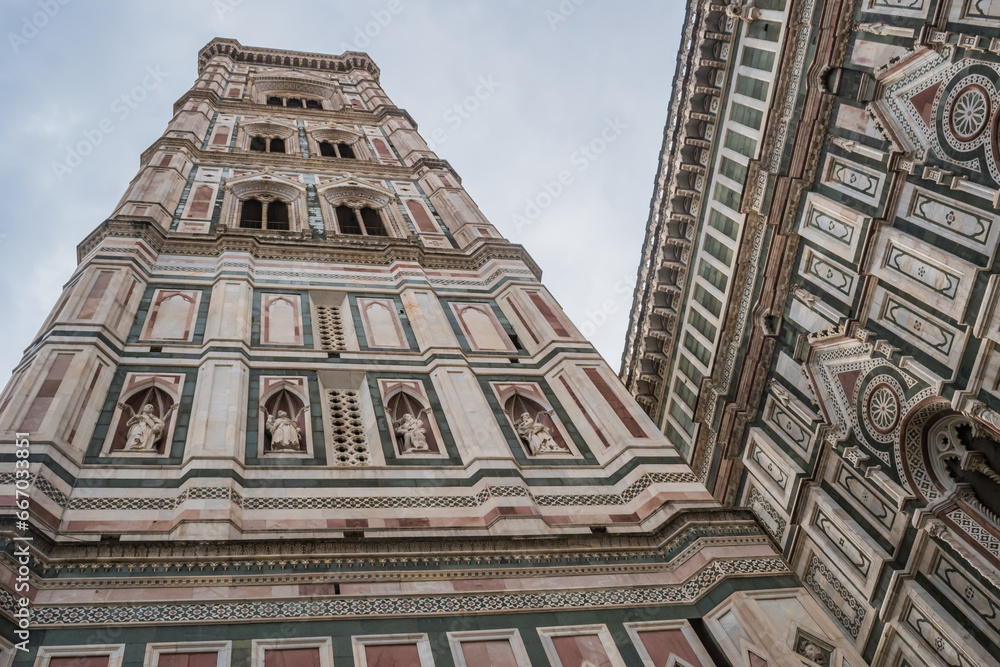 Perspective of Giotto bell tower called Giotto's Campanile which belongs to the Duomo cathedral complex, Florence ITALY