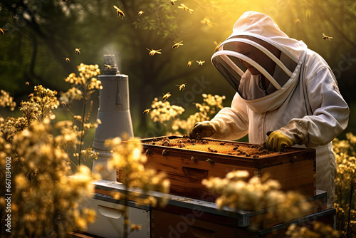 Honey farming and beekeeper with crate