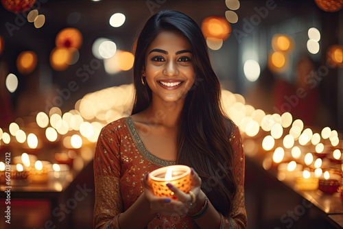 Indian woman giving happy expression and celebrating diwali festival