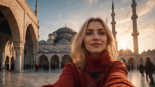 a young blond haired girl in Istanbul is taking a selfie
