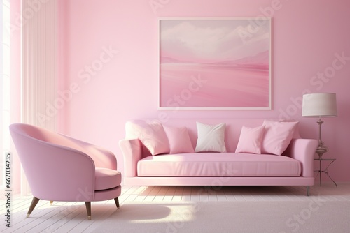 Modern minimalist interior with sofa, armchair and picture on a pink color wall background. Generated by artificial intelligence