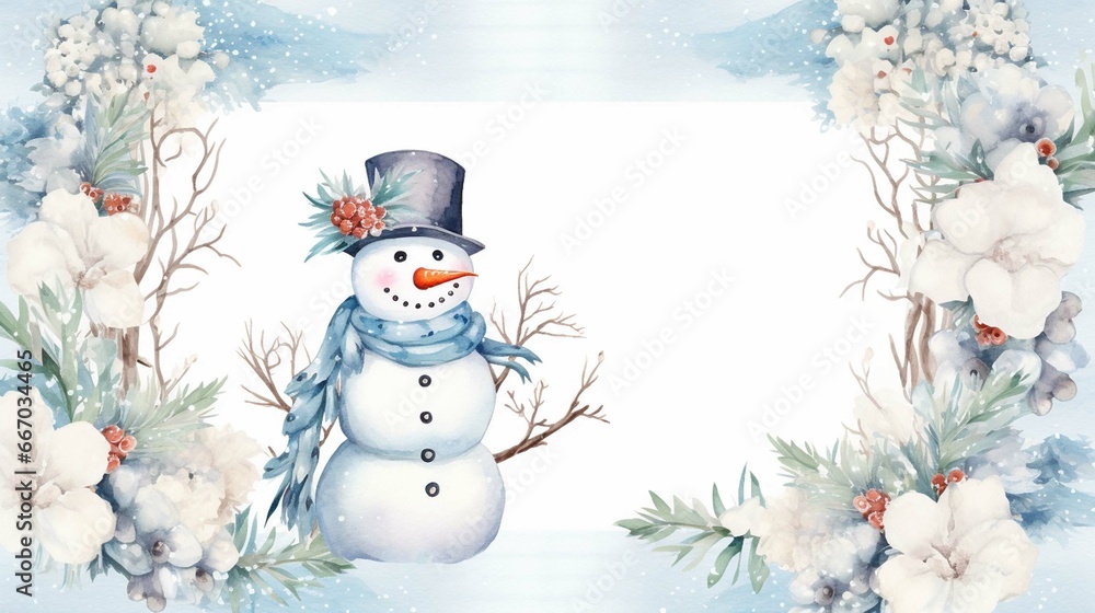 winter snowman with cotton flowers frame border watercolor
