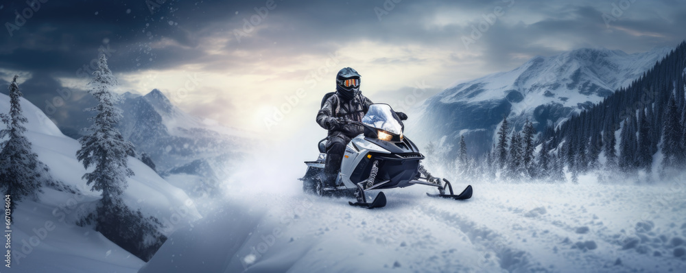 A man rides a snowmobile in the snowy mountains. Outdoor winter recreational lifestyle adventure and sport activity. A man rides a snowmobile in the snowy mountains. Outdoor winter recreational lifestyle adventure and sport activity.