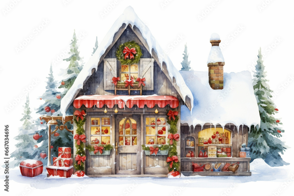Santa's workshop in the North Pole, bustling with elves and toys, watercolor style, white background