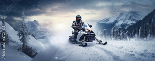 A man rides a snowmobile in the snowy mountains. Outdoor winter recreational lifestyle adventure and sport activity.