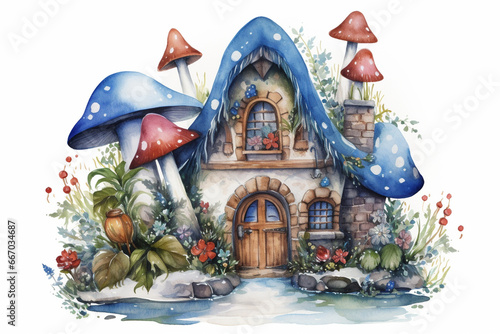 Enchanted cottage in a magical forest with woodland creatures celebrating Christmas, watercolor style, white background