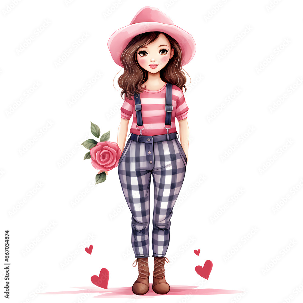 Watercolor Cute Fashion Girl Valentine Clipart Illustration Watercolor Cute Fashion Girl Valentine Clipart Illustration