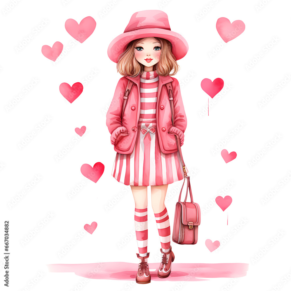 Watercolor Cute Fashion Girl Valentine Clipart Illustration Watercolor Cute Fashion Girl Valentine Clipart Illustration
