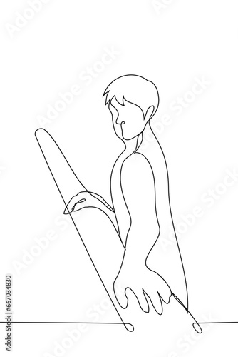man walks along the stairs, turning towards the viewer with both hands on one railing - one line art vector. concept model posing, captivating