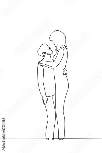 man and a woman are hugging, she is much taller than him - one line art vector. concept lover with a large height difference