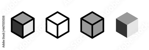 Basic Geometry Grayscale Monochrome Wireframe Thick Edge Solid Box Cube Icon Set in 3D Style Perspective View. Vector Image.