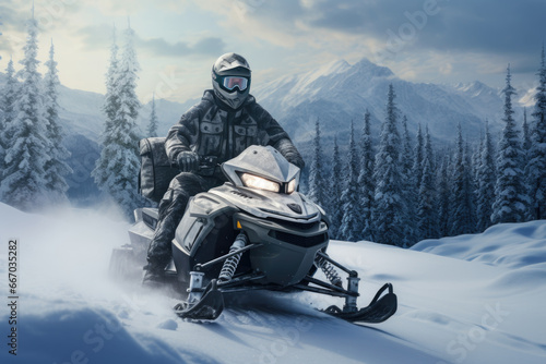 Man rides a snowmobile in the snowy mountains. Outdoor winter recreational lifestyle adventure and sport activity.