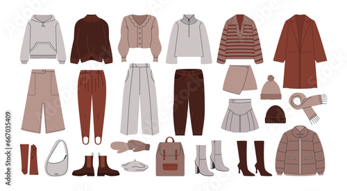 Base winter wardrobe. Female stylish outfits capsule, warm women fashion clothes footwear bags. Vector cartoon set