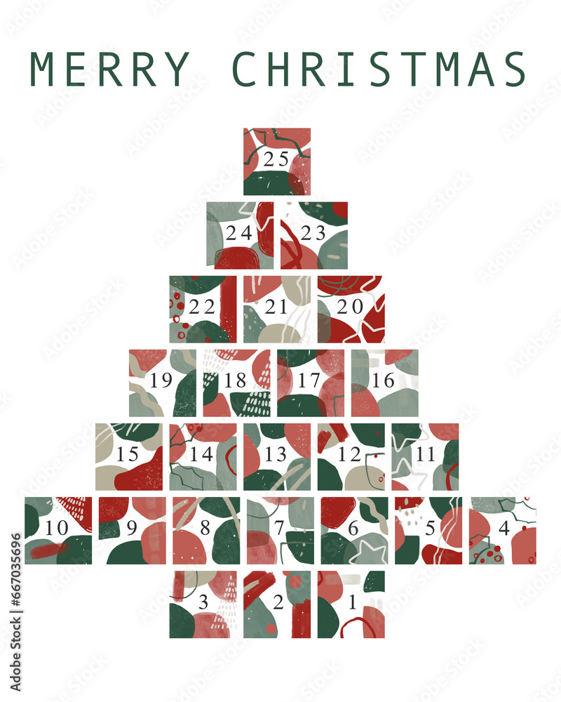 Advent calendar in the shape of a Christmas tree. Festive 25 numbers. Happy holidays. Traditional colors. Abstract trendy design. Advent calendar in the shape of a Christmas tree. Festive 25 numbers. Happy holidays. Traditional colors. Abstract trendy design.