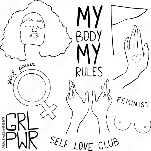 Collection of line art vector illustrations of the female body and feminism. Girls power. Hand drawn.