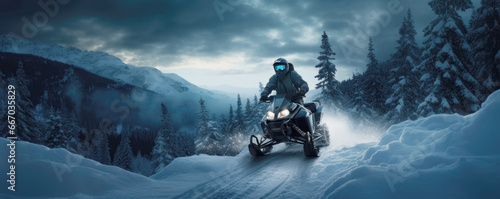 Man rides a snowmobile in the snowy mountains. Outdoor winter recreational lifestyle adventure and sport activity. photo