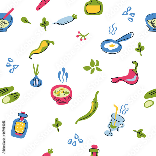 Seamless pattern appetizing food, soup, bowl, scrambled eggs, vegetables, drinks