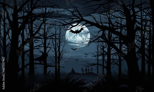 Halloween background with full moon and bats in the forest. 