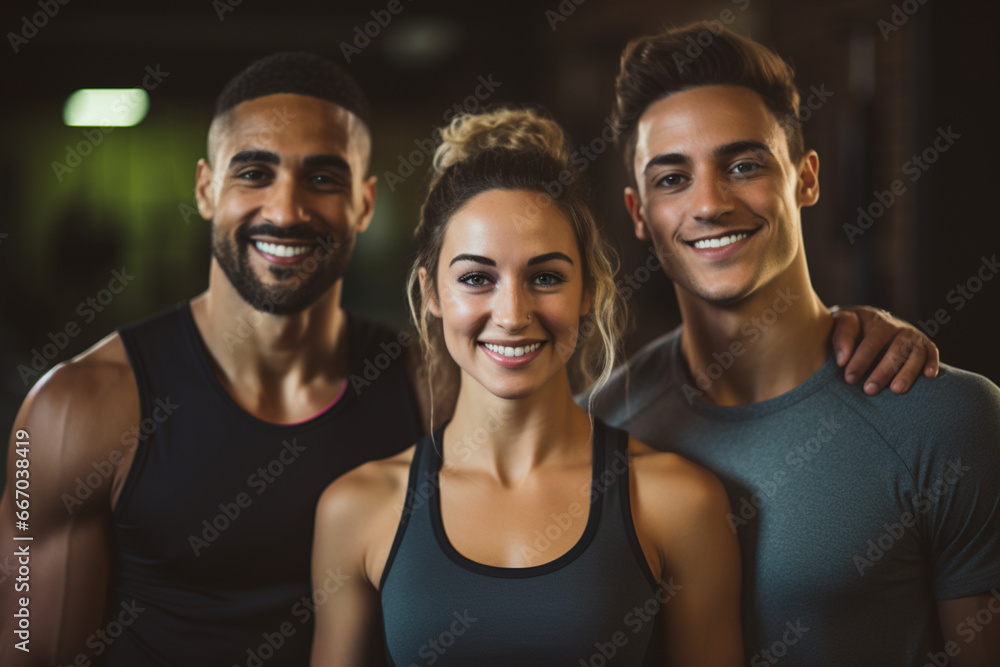 Portrait shot of three young friends taking a break from a workout session while looking at the camera inside of a studio Portrait shot of three young friends taking a break from a workout session while looking at the camera inside of a studio