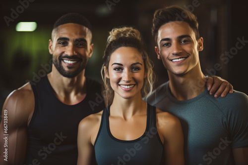 Portrait shot of three young friends taking a break from a workout session while looking at the camera inside of a studio