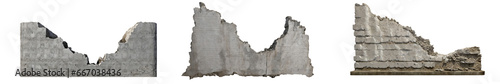 Set of ruined, collapsed, cracked, or broken weathered concrete cement walls, isolated on a transparent background. PNG, cutout, or clipping path.