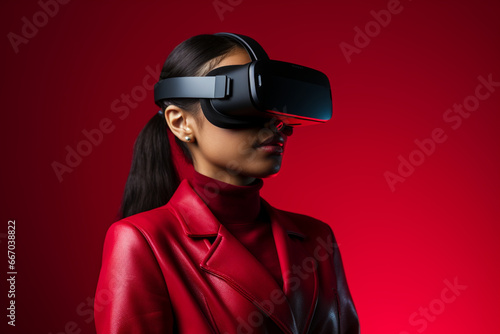 Portrait of Young woman using vr glasses on red background, Latin american woman wearing virtual reality simulator headset on studio background © alisaaa