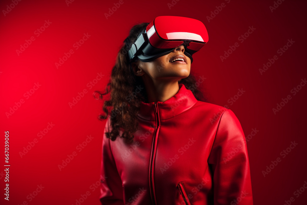 Portrait of Young woman using vr glasses on red background, Latin american woman wearing virtual reality simulator headset on studio background Portrait of Young woman using vr glasses on red background, Latin american woman wearing virtual reality simulator headset on studio background