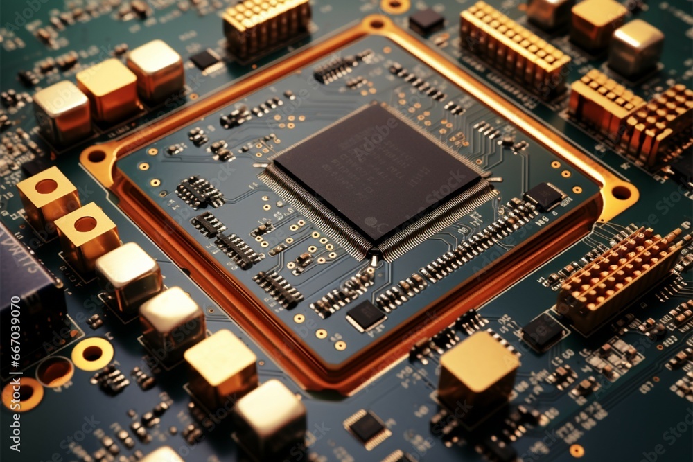 Genuine electronic PCB, rectangular in shape, powering modern technology devices Genuine electronic PCB, rectangular in shape, powering modern technology devices