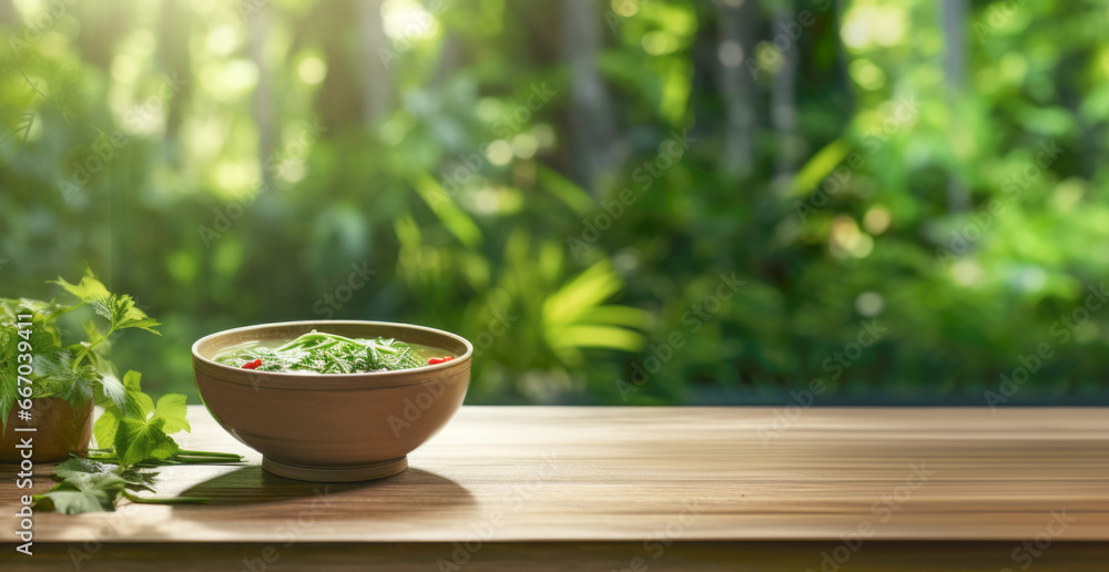 A bowl of steaming Vietnamese Pho Bo, filled with fragrant herbs and fresh noodles, set against a forest background. A bowl of steaming Vietnamese Pho Bo, filled with fragrant herbs and fresh noodles, set against a forest background.