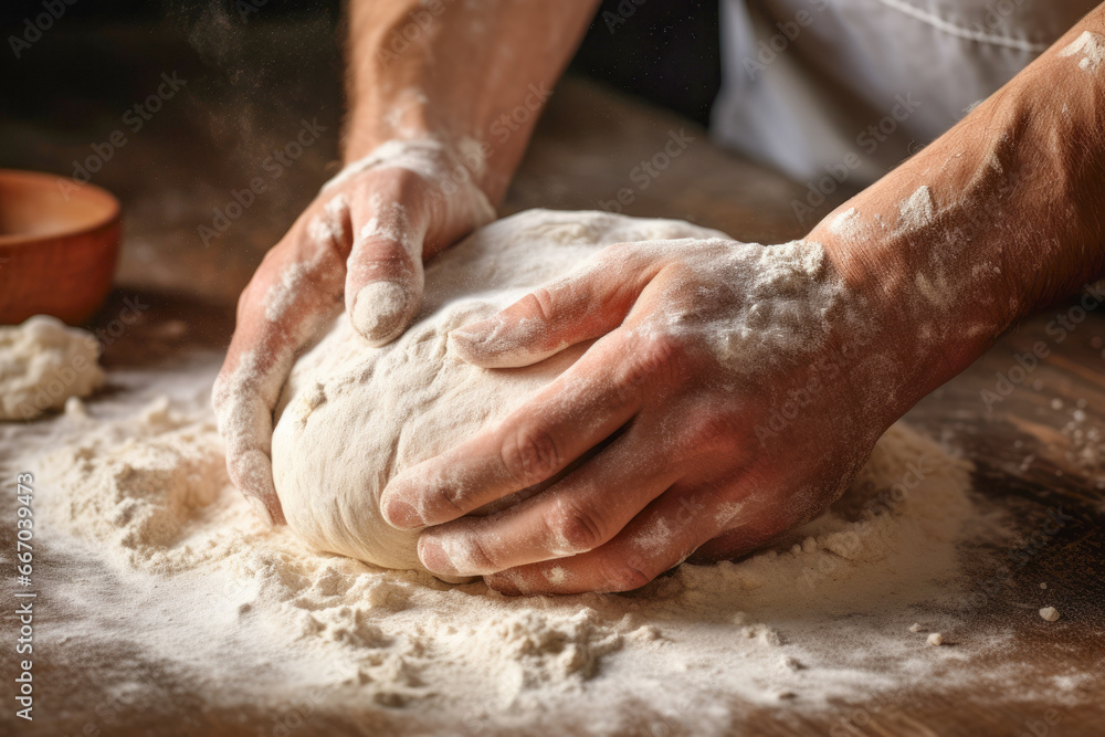 A skilled male chef prepares homemade pastry, using his hands to craft dough and create delicious bread on a wooden table in a bakery.