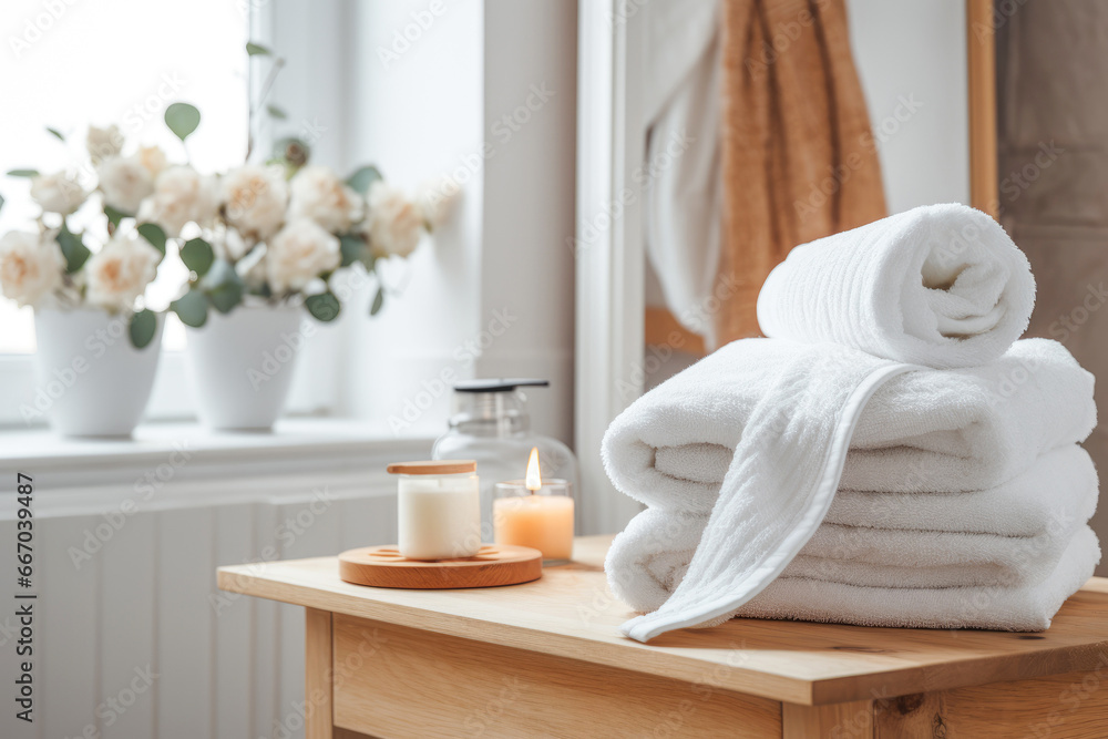 A serene spa setting with a white bathrobe, towel, and flowers, reflecting the essence of self-care, hygiene, and relaxation against a clean background.